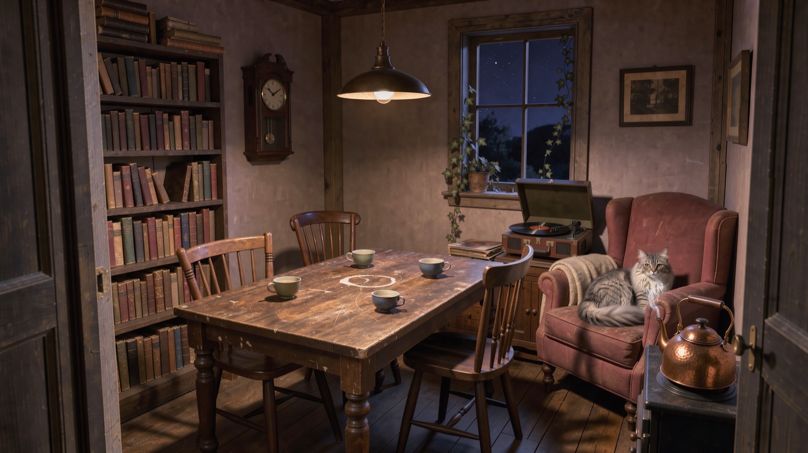 A cozy lamplit room with a long table and three teacups, a tall bookshelf, a wall clock, a record player, and a grey cat curled in a rose armchair beside a copper kettle